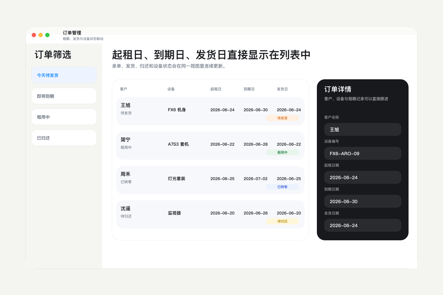 ARO 订单管理与租期追踪界面